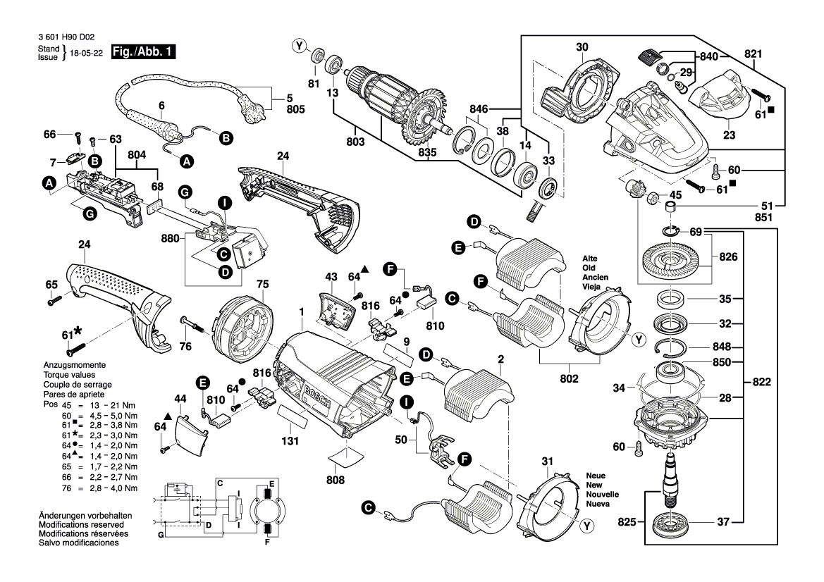 для угловой шлифмашины Bosch GWS 22-180 LVI 230 V 3601H90D02, деталировка 1