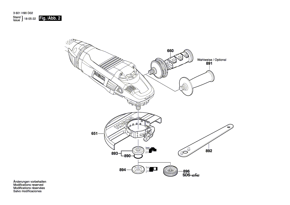 для угловой шлифмашины Bosch GWS 22-180 LVI 230 V 3601H90D02, деталировка 2