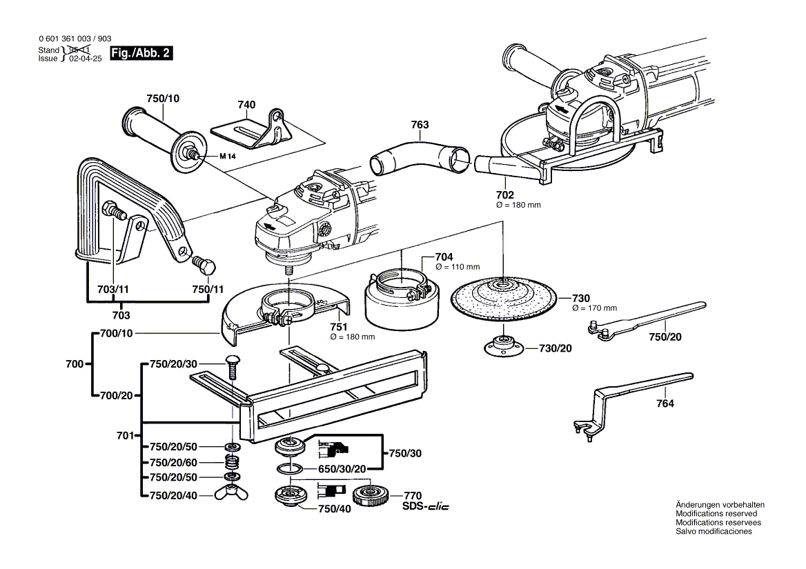 для угловой шлифмашины Bosch GWS 23-180 220 V 0601361903, деталировка 2