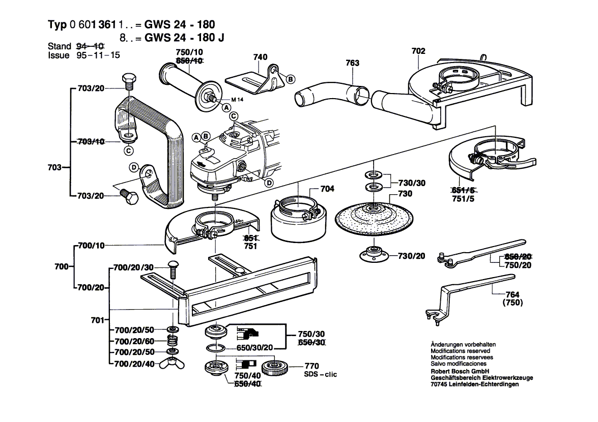 для угловой шлифмашины Bosch GWS 24-180 230 V 0601361103, деталировка 2