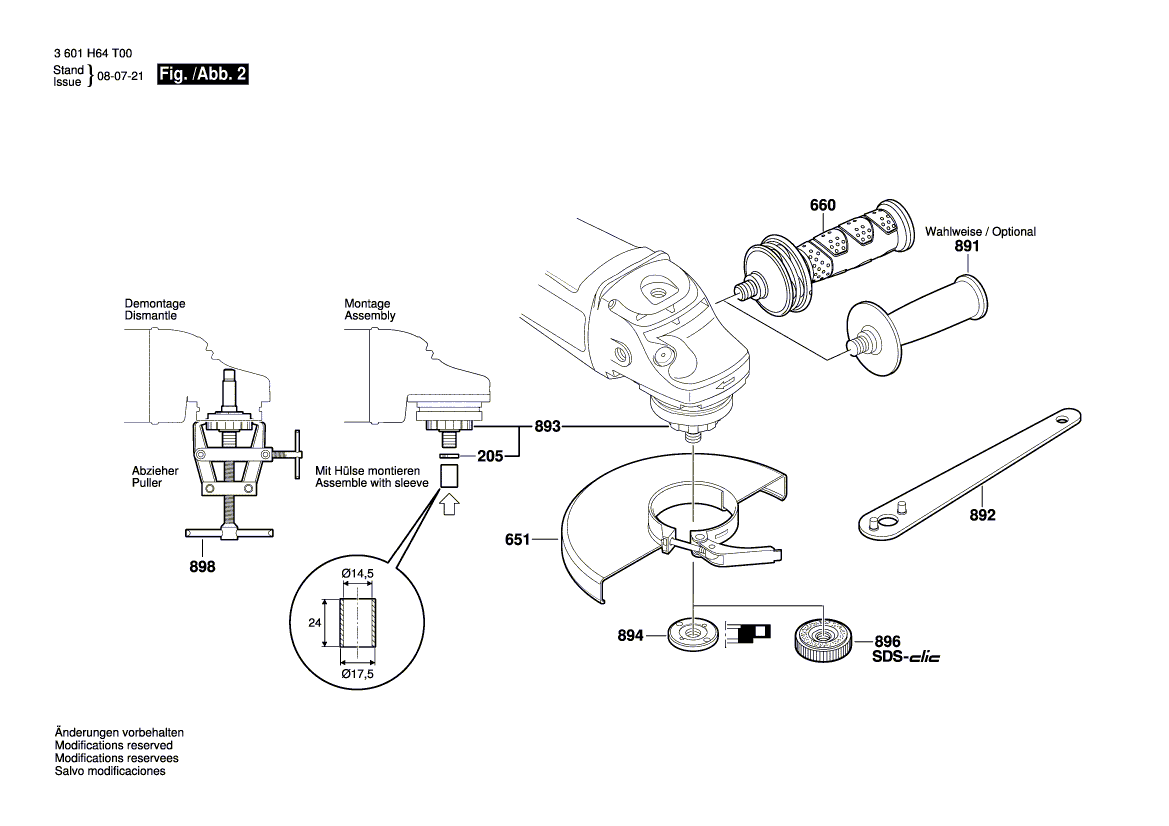 для угловой шлифмашины Bosch GWS 24-230 JBX 230 V 3601H64T00, деталировка 2