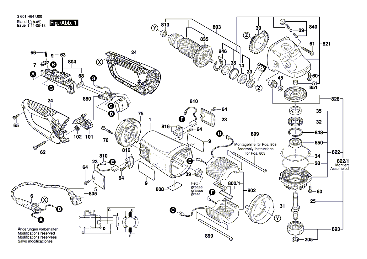 для угловой шлифмашины Bosch GWS 24-230 JVX 230 V 3601H64U00, деталировка 1