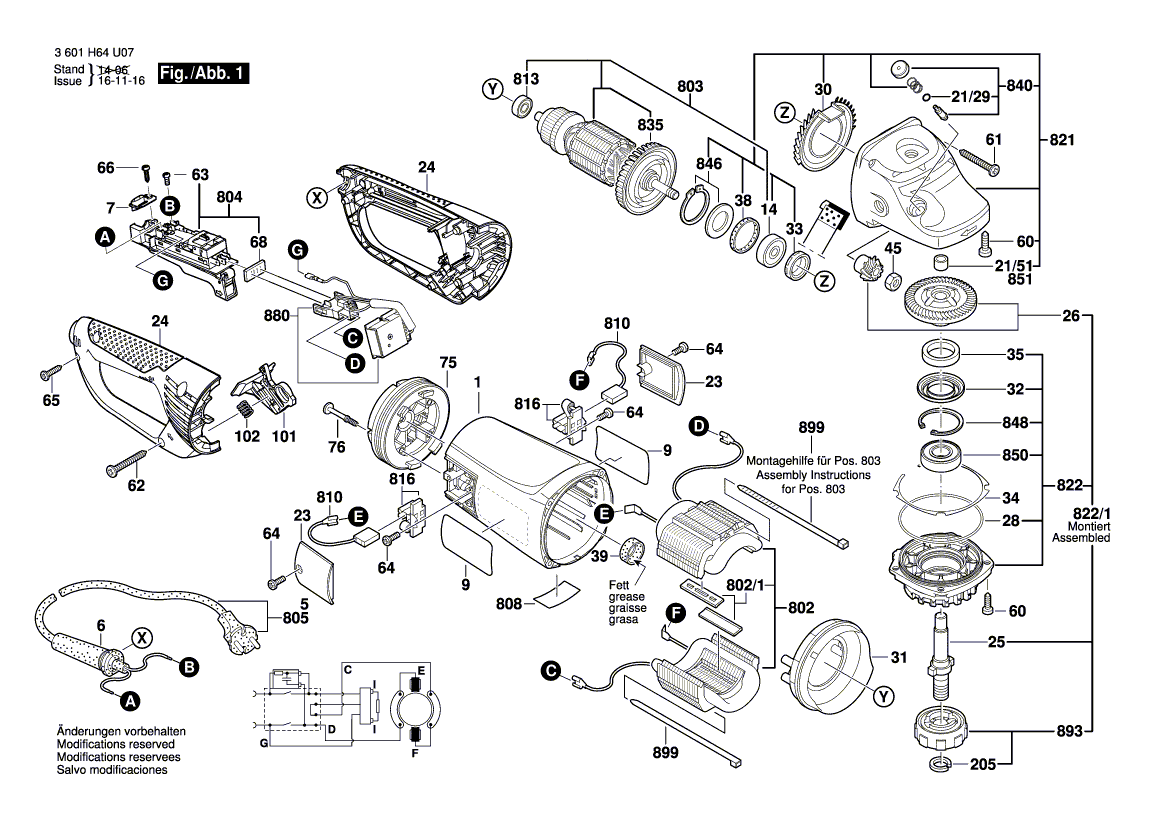 для угловой шлифмашины Bosch GWS 24-230 JVX 230 V 3601H64Z05, деталировка 1