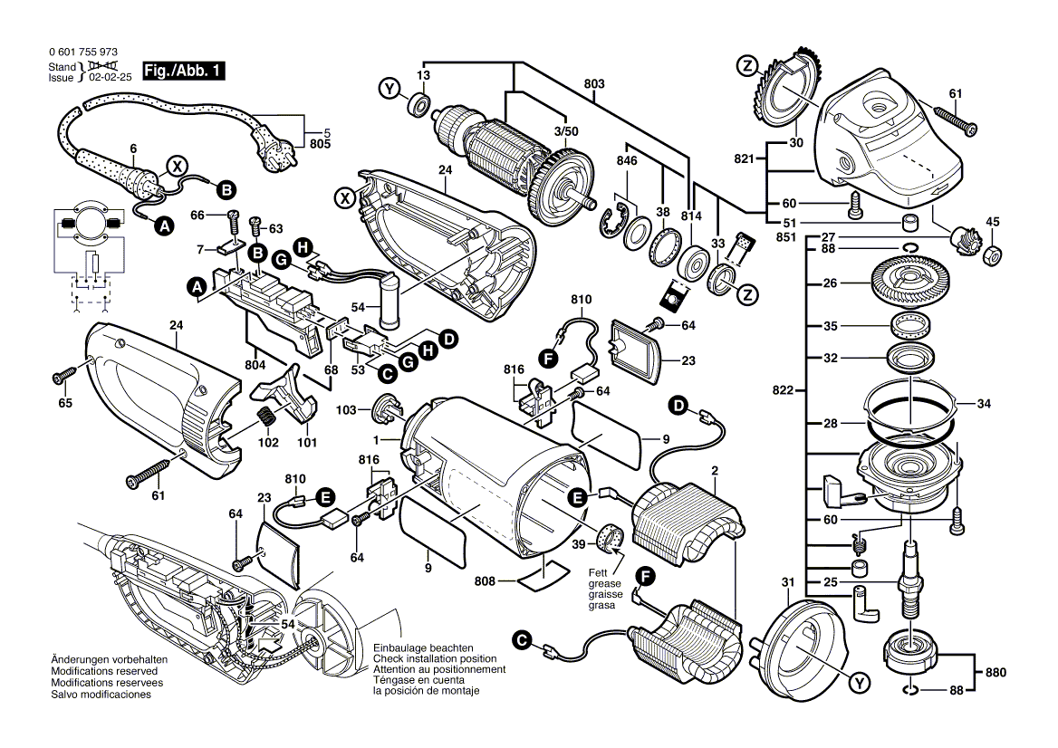 для угловой шлифмашины Bosch GWS 25-180 JS 230 V 0601755973, деталировка 1