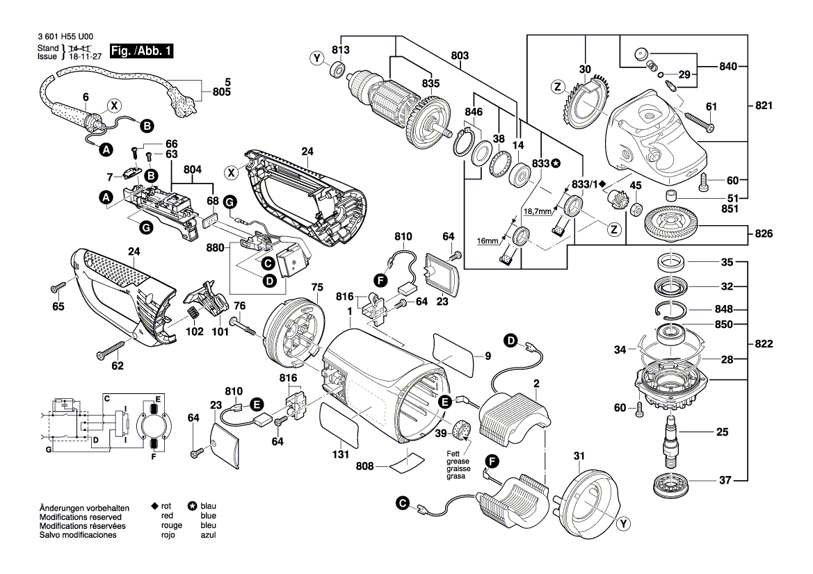 для угловой шлифмашины Bosch GWS 26-180 JBV 230 V 3601H55U00, деталировка 1