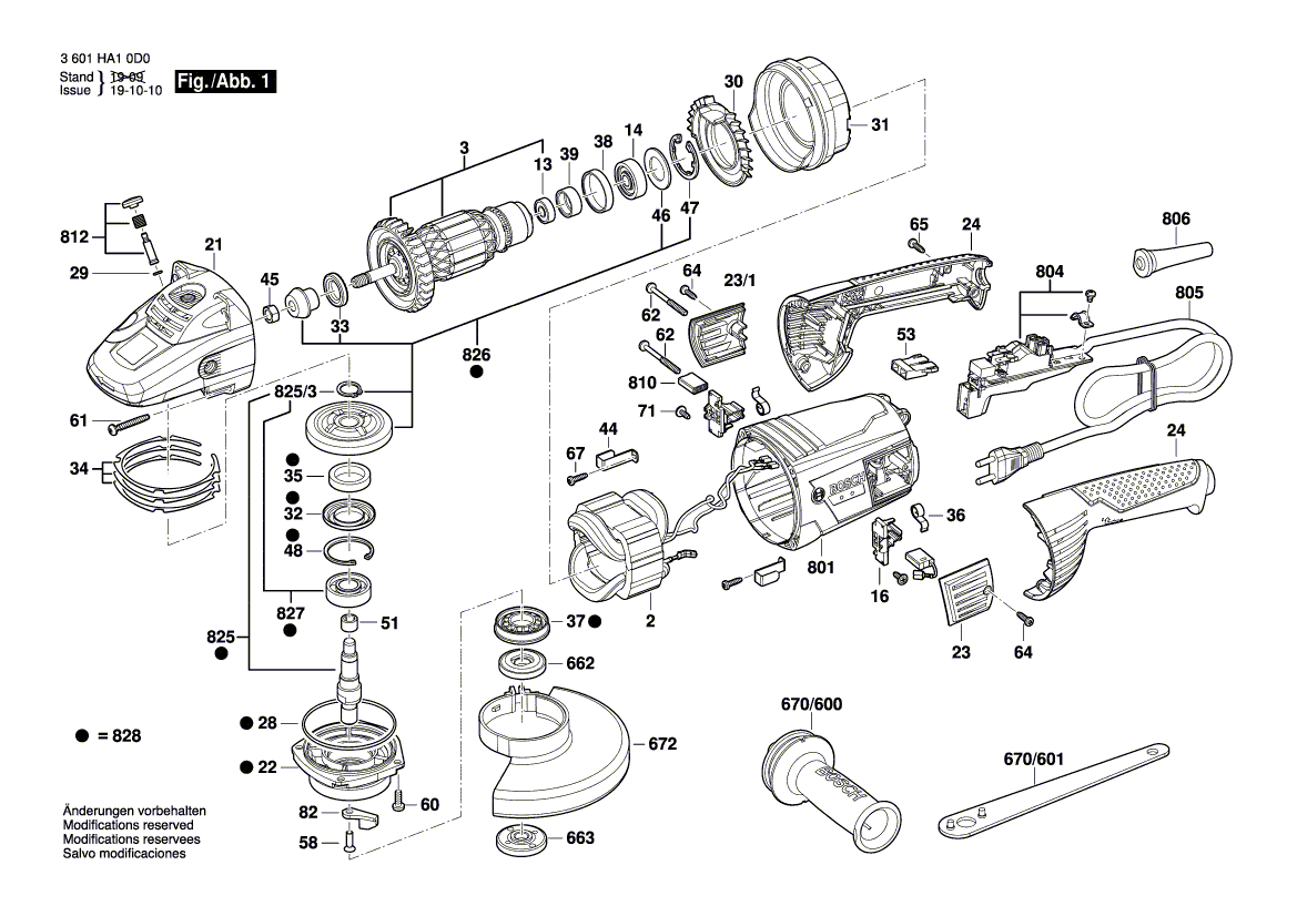 для угловой шлифмашины Bosch GWS 26-230 220 V 3601HA60K0, деталировка 1