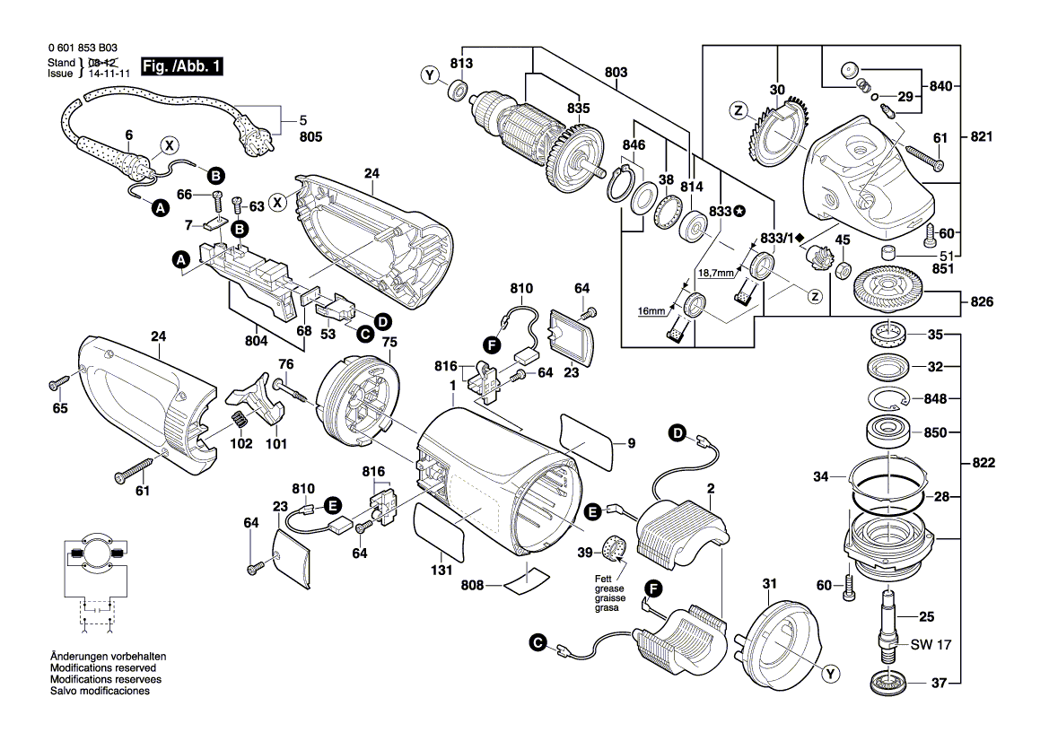 для угловой шлифмашины Bosch GWS 26-230 BV 230 V 0601856B03, деталировка 1