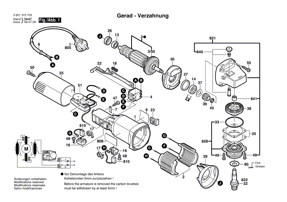 для угловой шлифмашины Bosch GWS 6-115 E 230 V 0601375703, деталировка 1