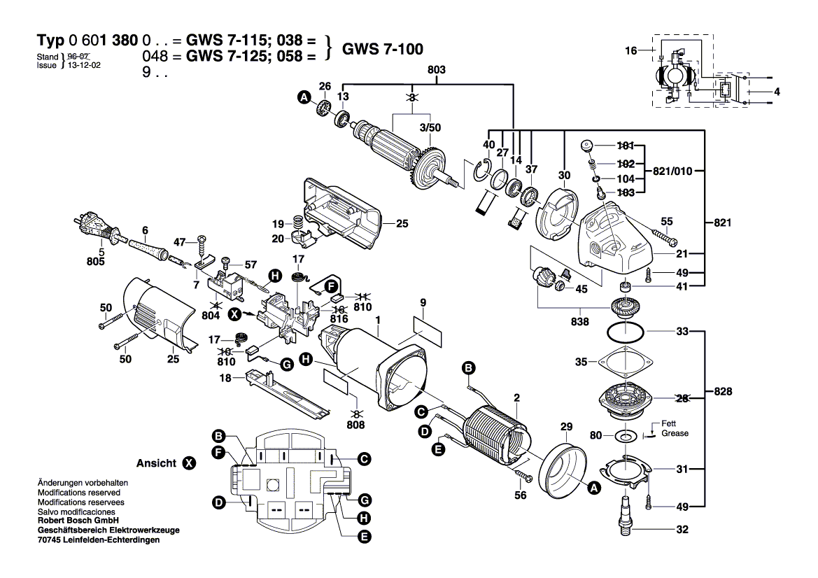 для угловой шлифмашины Bosch GWS 7-115 230 V 0601380073, деталировка 1