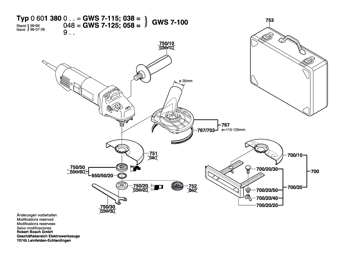 для угловой шлифмашины Bosch GWS 7-115 230 V 0601380073, деталировка 2