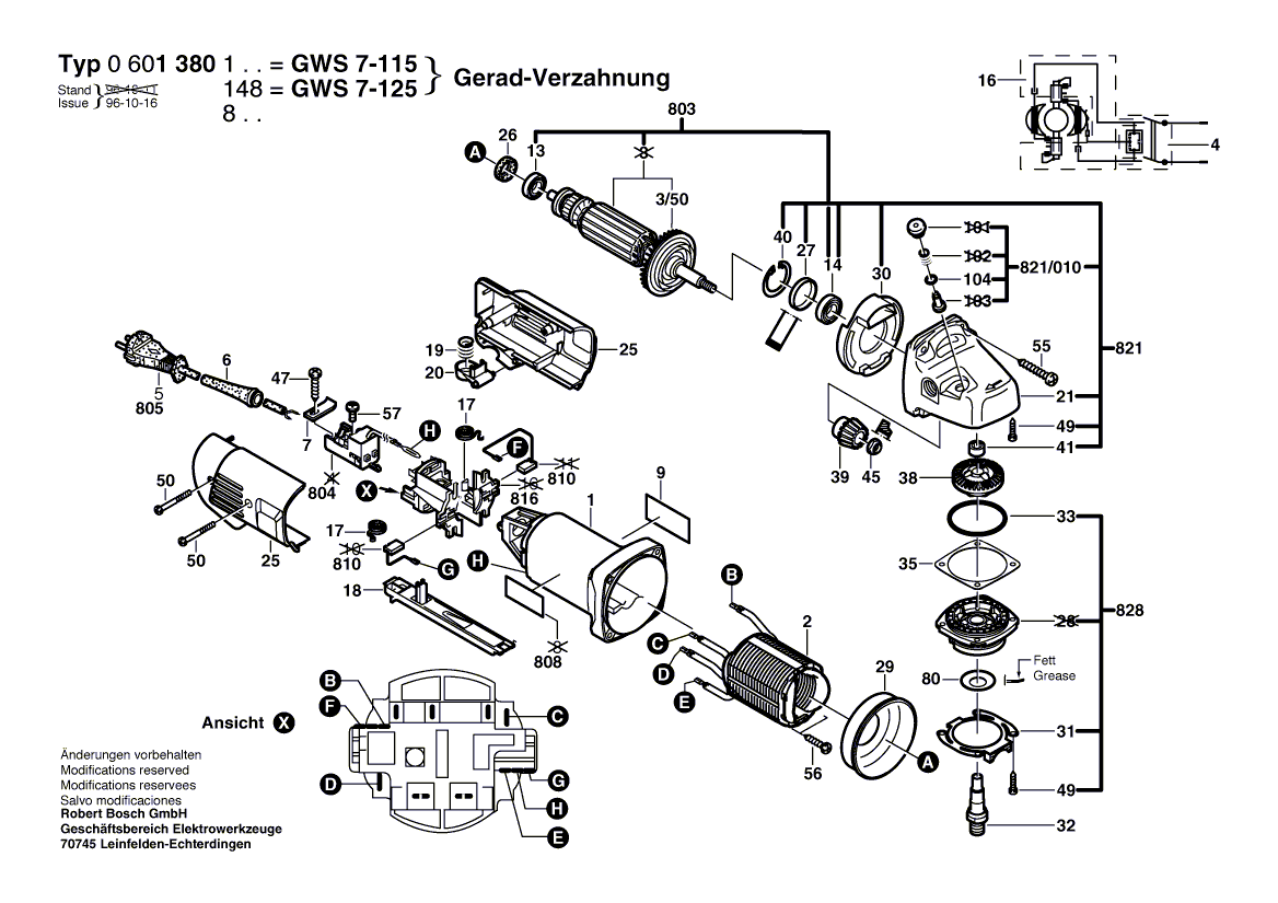 для угловой шлифмашины Bosch GWS 7-115 230 V 0601380103, деталировка 1