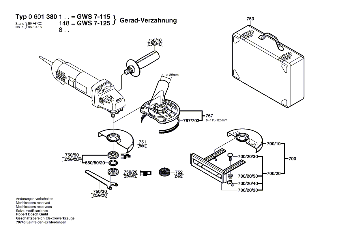 для угловой шлифмашины Bosch GWS 7-115 230 V 0601380103, деталировка 2