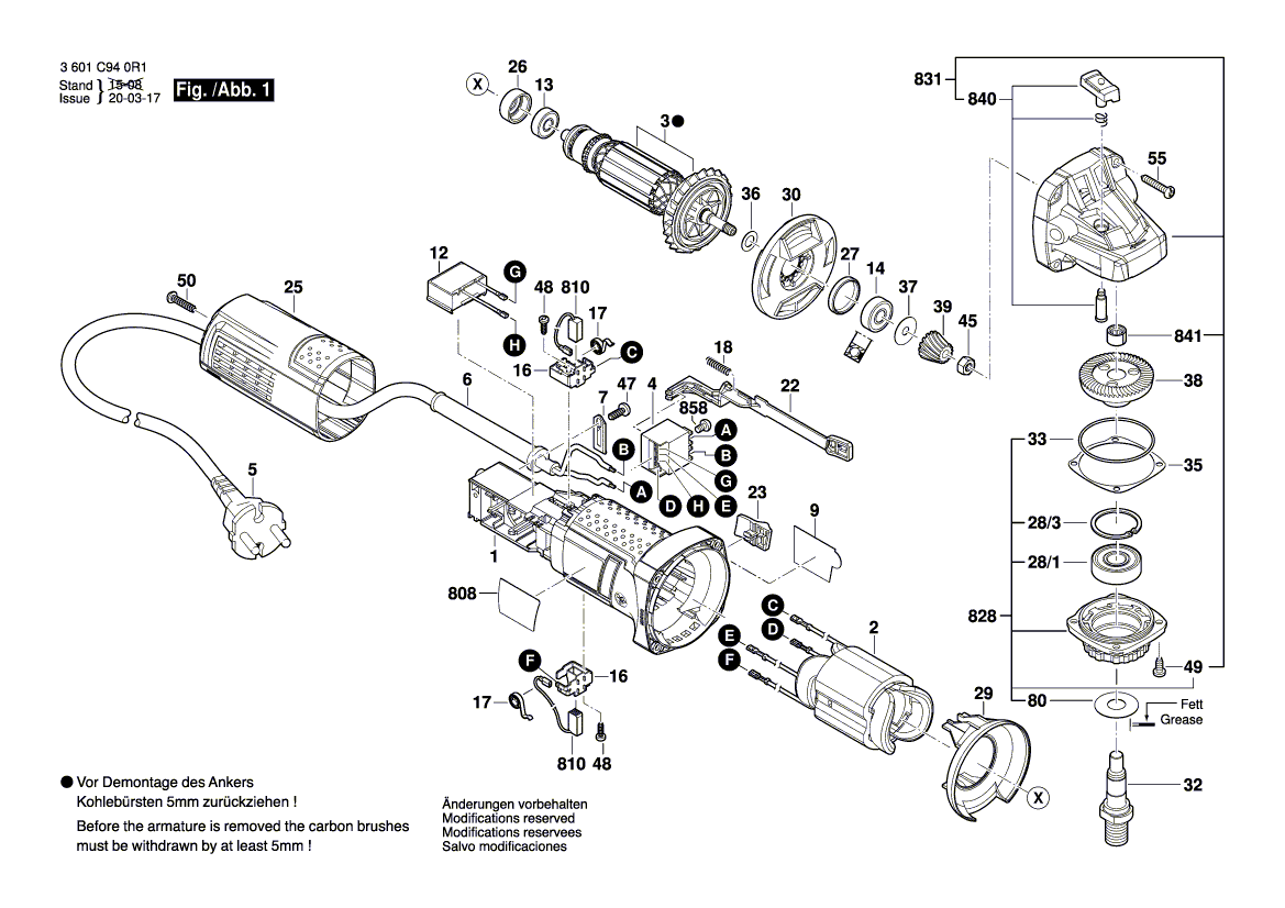 для угловой шлифмашины Bosch GWS 750-115 220 V 3601C940R1, деталировка 1