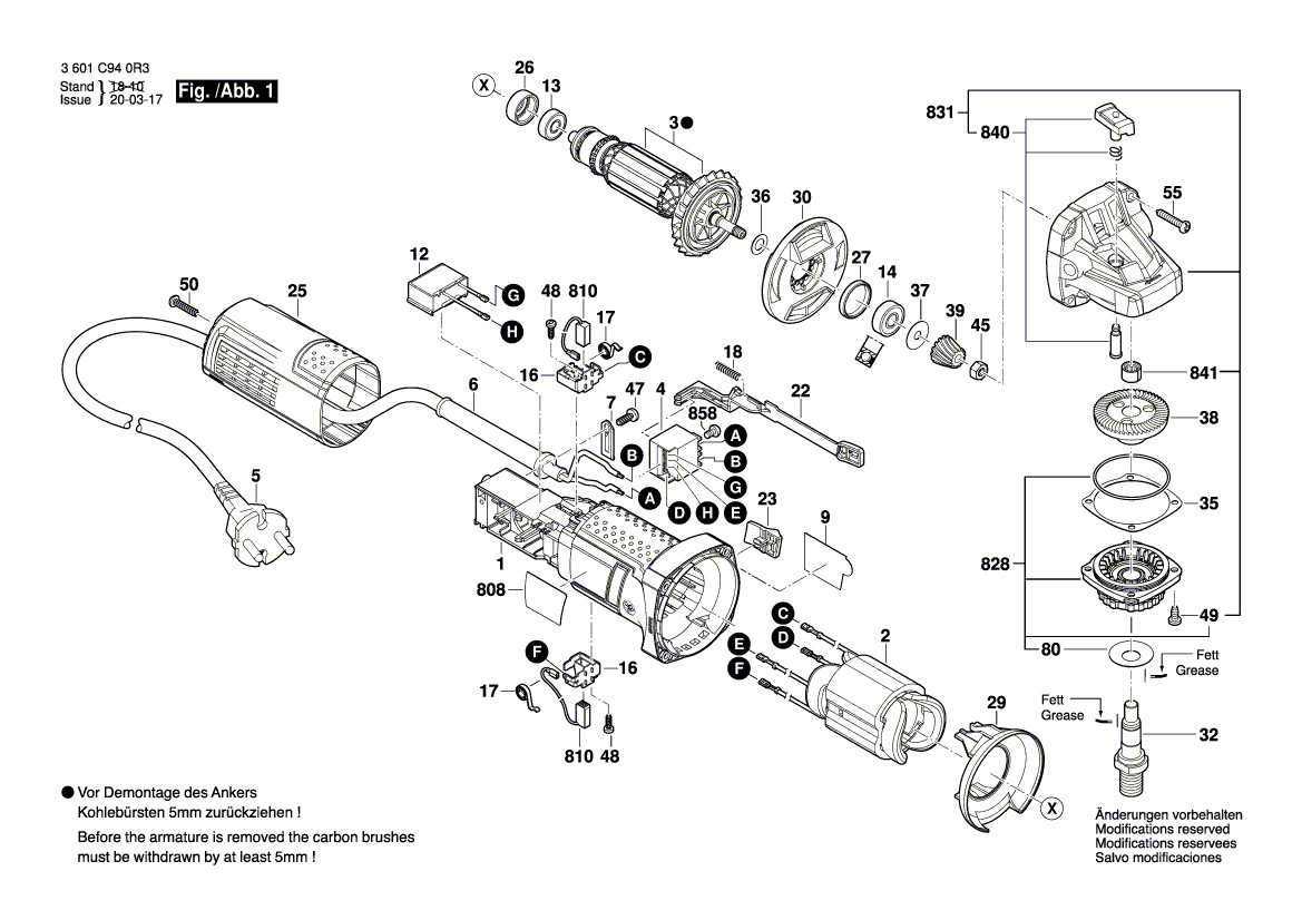 для угловой шлифмашины Bosch GWS 750-115 220 V 3601C940R3, деталировка 1