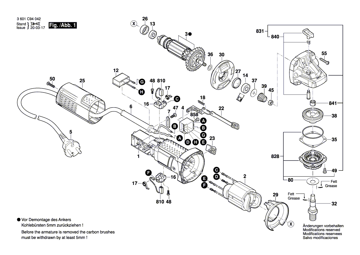 для угловой шлифмашины Bosch GWS 750-125 240 V 3601C94042, деталировка 1