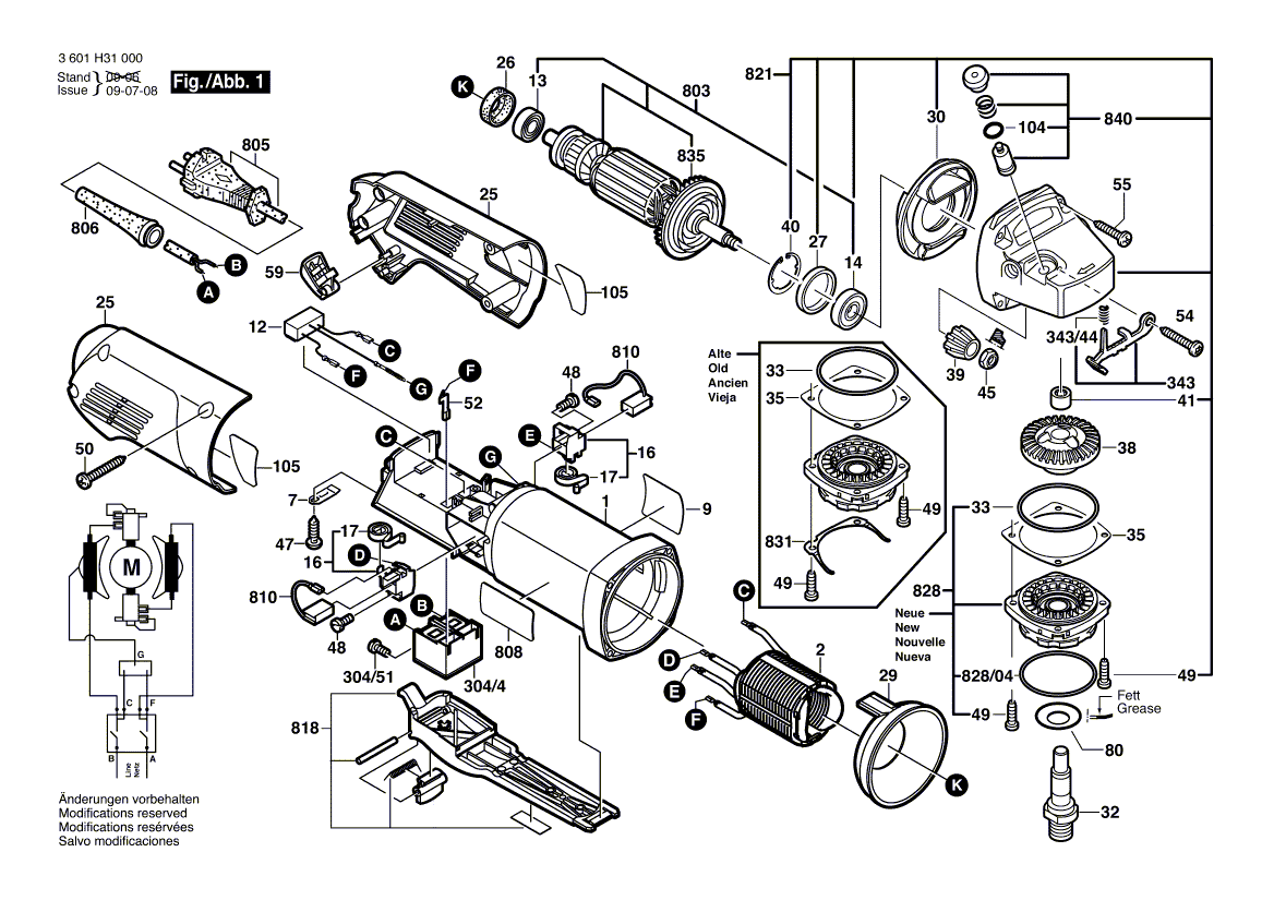 для угловой шлифмашины Bosch GWS 8-115 Z 230 V 3601H31000, деталировка 1