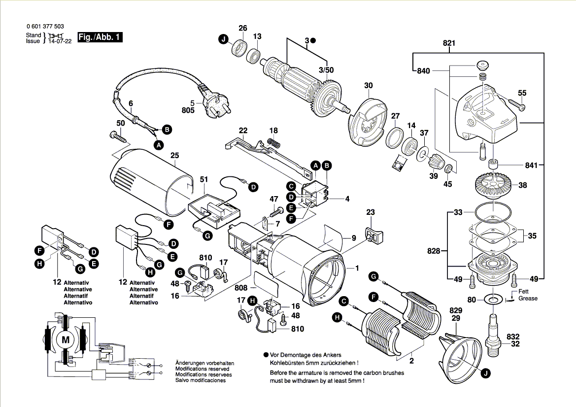 для угловой шлифмашины Bosch GWS 850 C 230 V 0601377503, деталировка 1