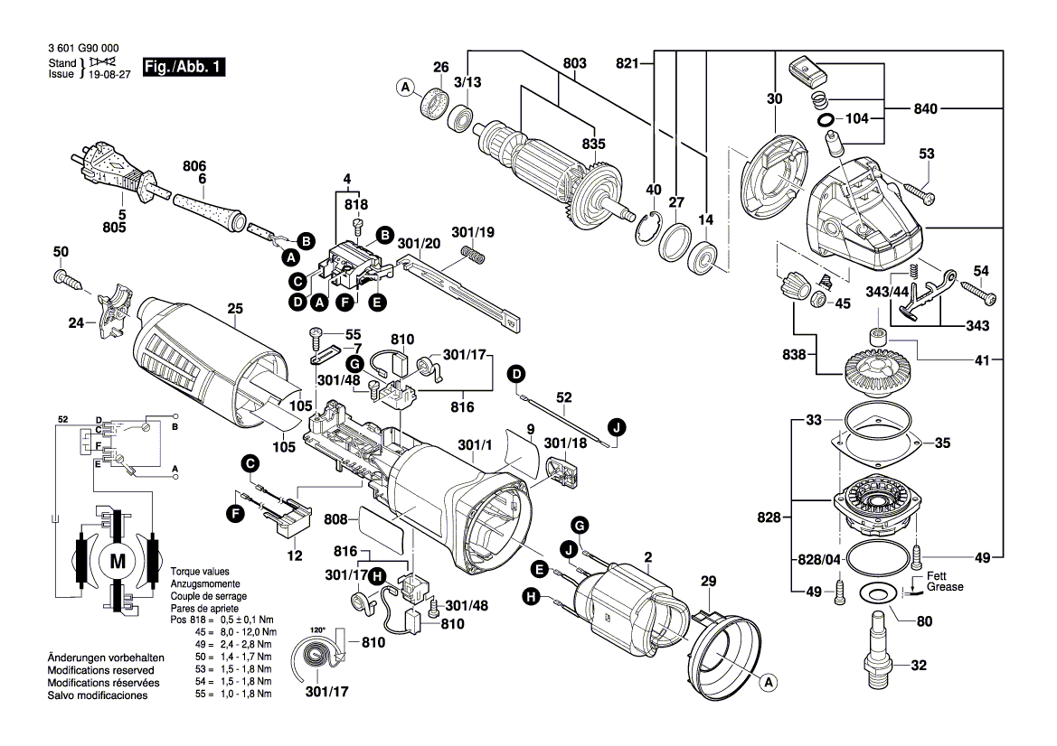 для угловой шлифмашины Bosch GWS 9-115 230 V 3601G90000, деталировка 1