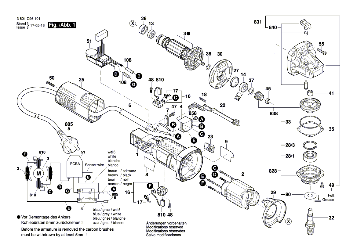 для угловой шлифмашины Bosch GWS 9-115 S 230 V 3601C96101, деталировка 1