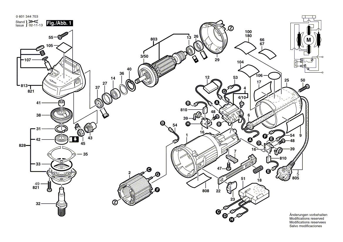 для угловой шлифмашины Bosch GWS 9-125 CE 230 V 0601344703, деталировка 1