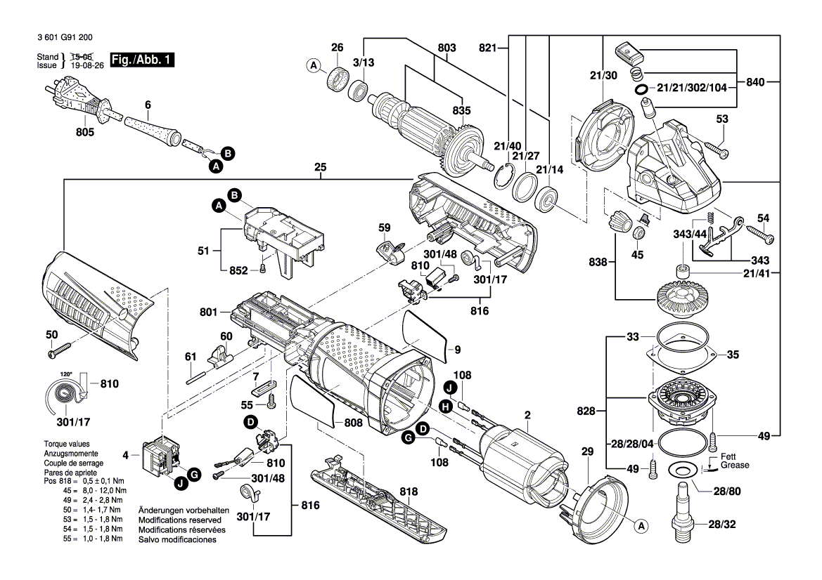 для угловой шлифмашины Bosch GWS 9-125 P 230 V 3601G91200, деталировка 1