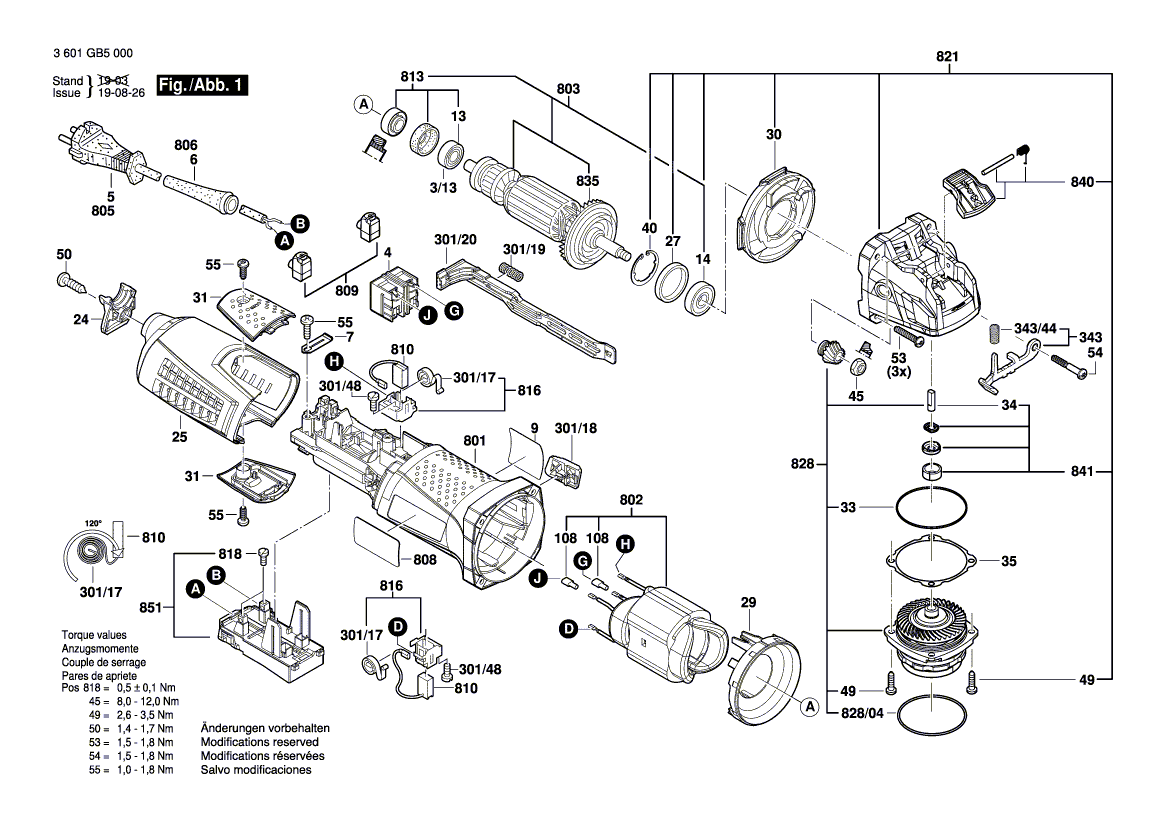 для угловой шлифмашины Bosch GWX 13-125 230 V 3601GB5000, деталировка 1