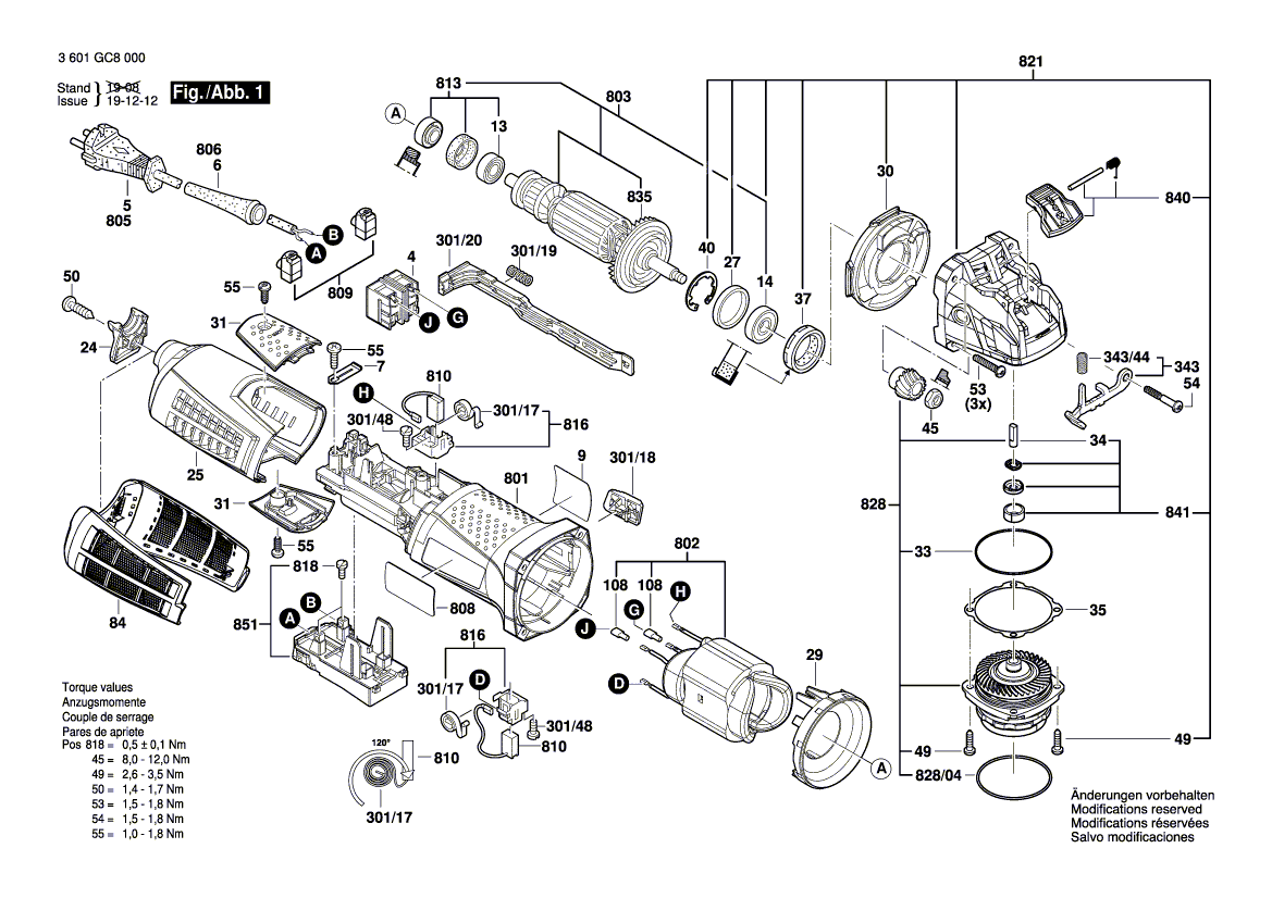 для угловой шлифмашины Bosch GWX 19-125 S 230 V 3601GC8000, деталировка 1