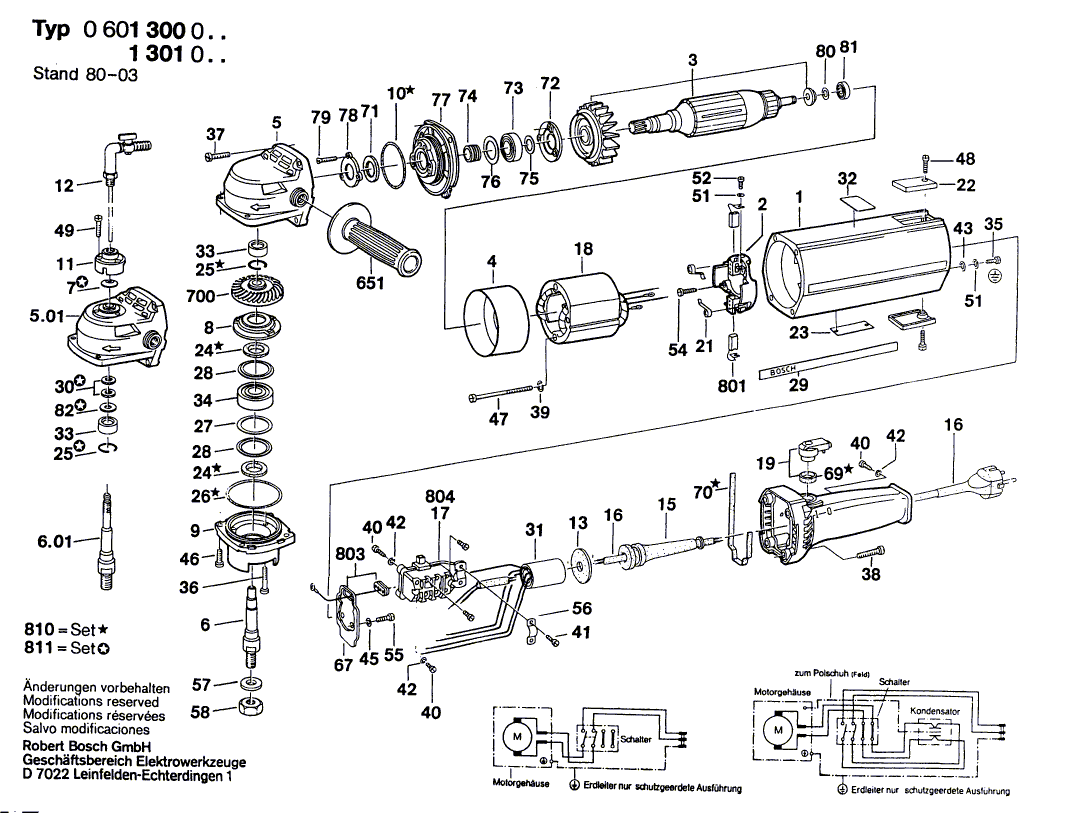 для угловой шлифмашины Bosch USW(J)77..S 3 220 V 0601301010, деталировка 1