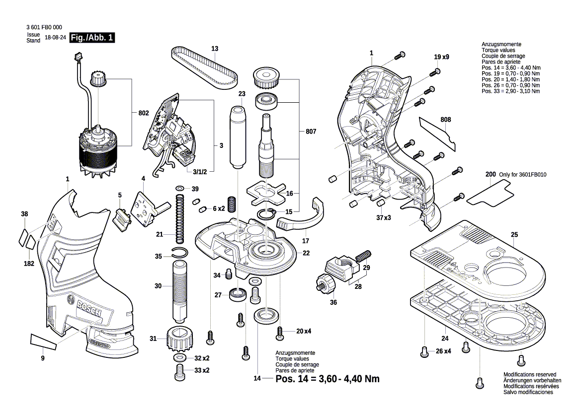 для вертикальной фрезерной машины Bosch GKF 12V-8 12 V 3601FB0000, деталировка 1