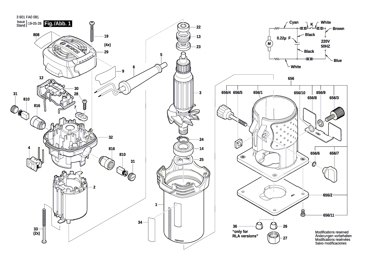 для вертикальной фрезерной машины Bosch GKF 550 230 V 3601FA0022, деталировка 1