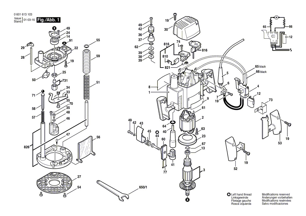 для вертикальной фрезерной машины Bosch GOF 1200 230 V 0601613103, деталировка 1