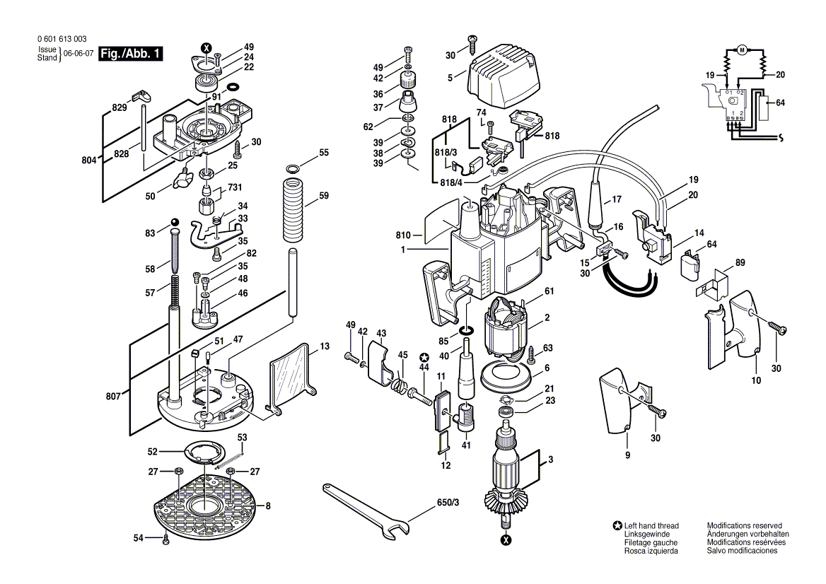 для вертикальной фрезерной машины Bosch GOF 1200 A 230 V 0601613003, деталировка 1