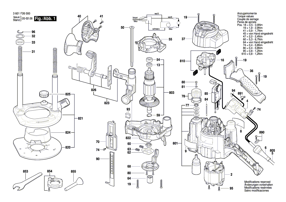 для вертикальной фрезерной машины Bosch GOF 1250 CE 230 V 3601F26000, деталировка 1