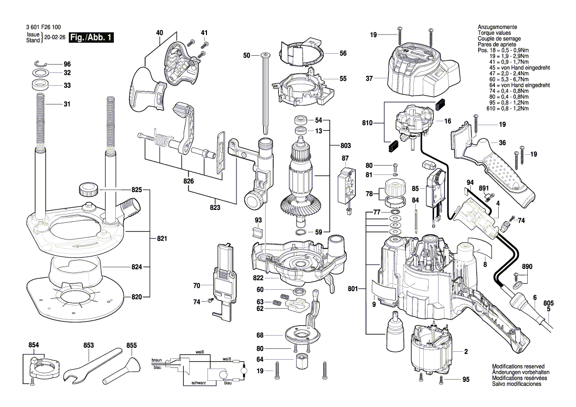 для вертикальной фрезерной машины Bosch GOF 1250 LCE 230 V 3601F26100, деталировка 1