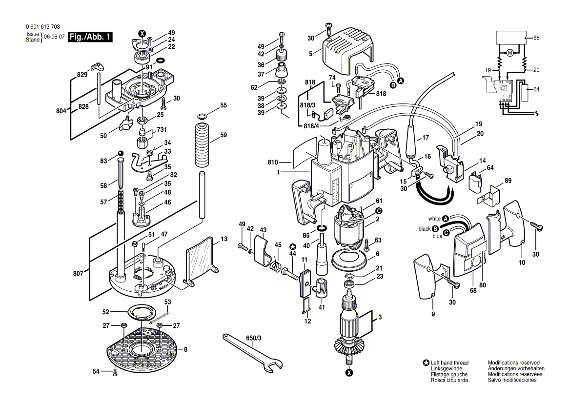 для вертикальной фрезерной машины Bosch GOF 1300 ACE 230 V 0601613703, деталировка 1