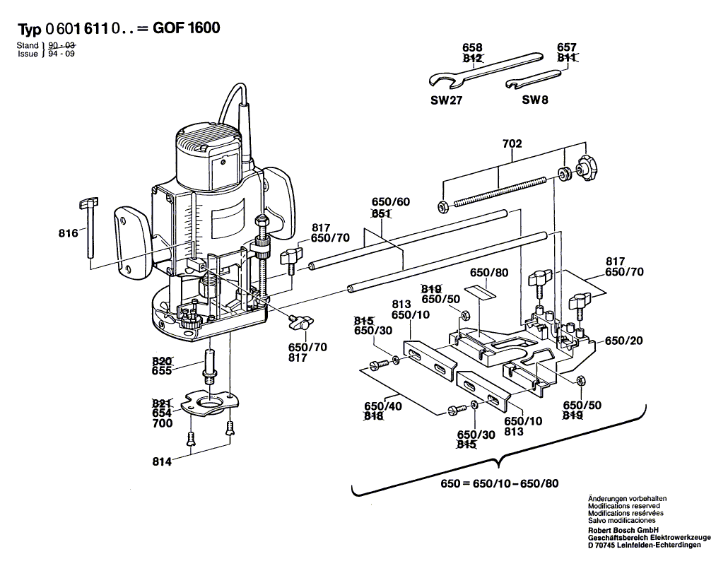 для вертикальной фрезерной машины Bosch GOF 1600 220 V 0601611003, деталировка 2