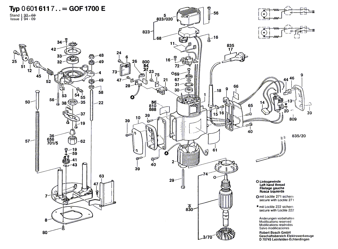 для вертикальной фрезерной машины Bosch GOF 1700 E 220 V 0601611703, деталировка 1