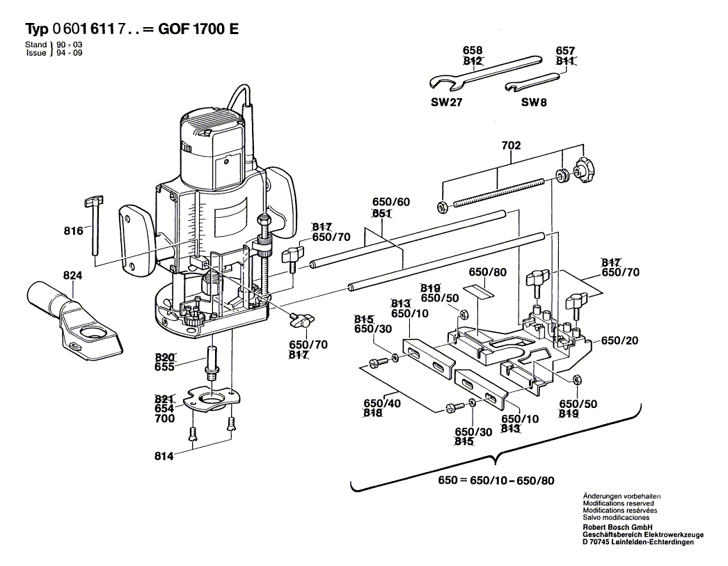 для вертикальной фрезерной машины Bosch GOF 1700 E 220 V 0601611703, деталировка 2