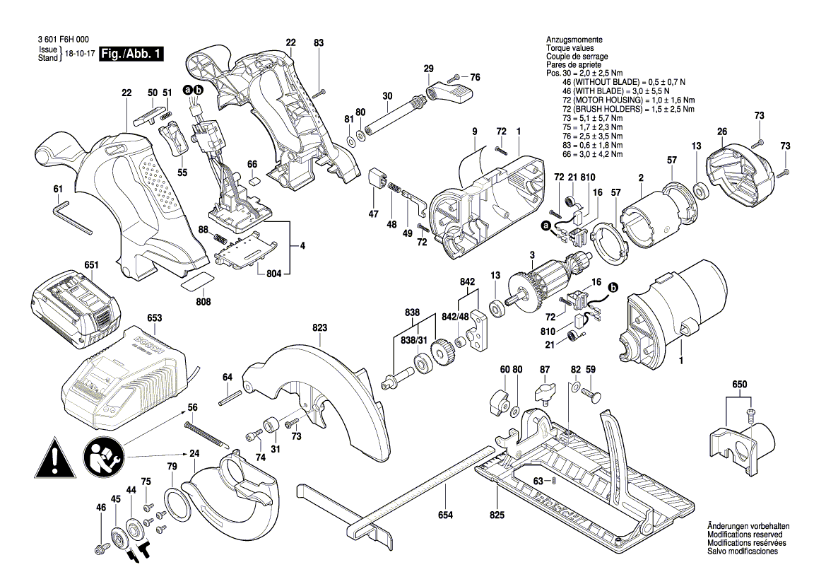 для аккумуляторной циркулярной пилы Bosch GKS 18 V-LI 18 V 3601F6H000, деталировка 1