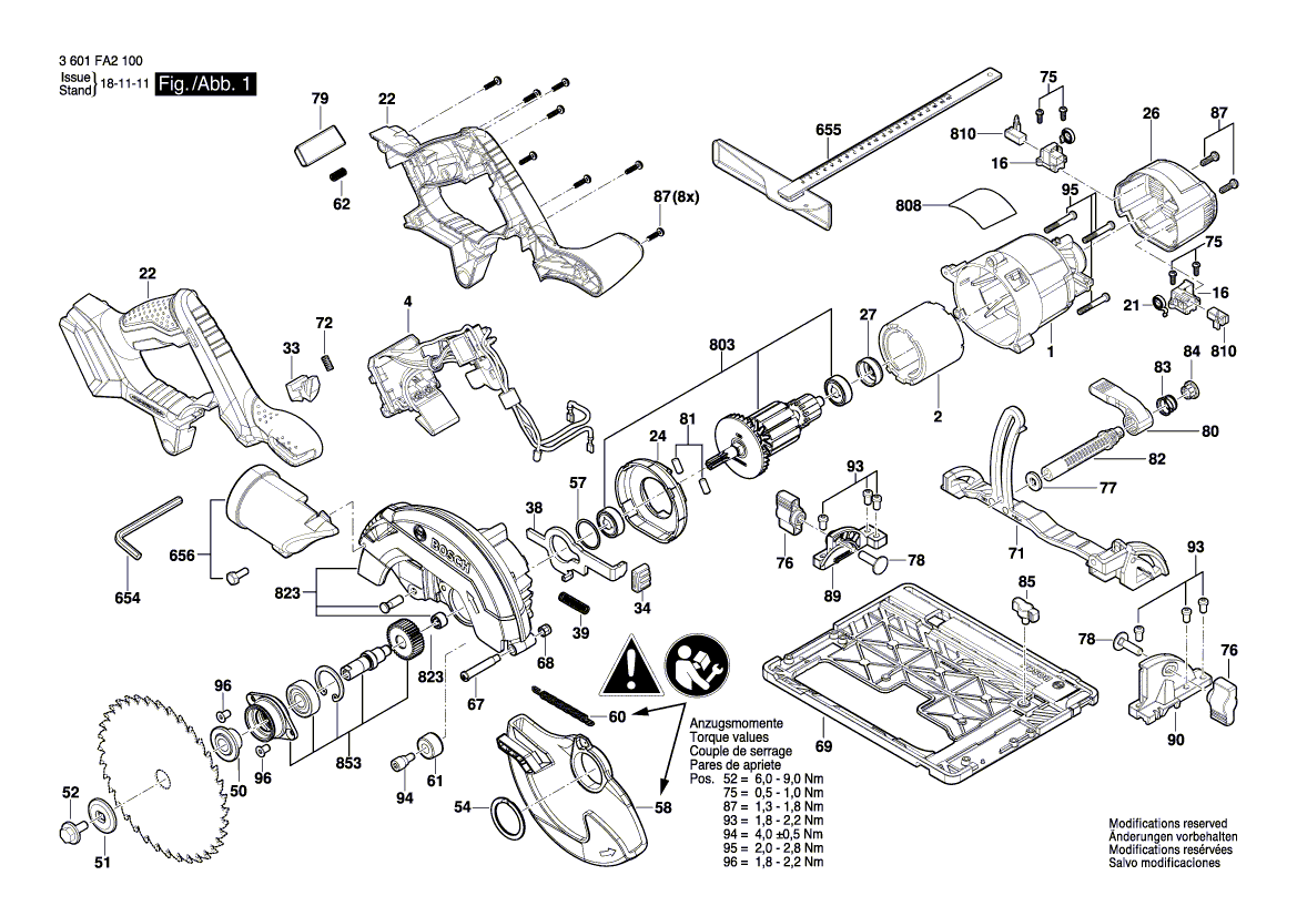 для аккумуляторной циркулярной пилы Bosch GKS 18V-57 G 18 V 3601FA2100, деталировка 1