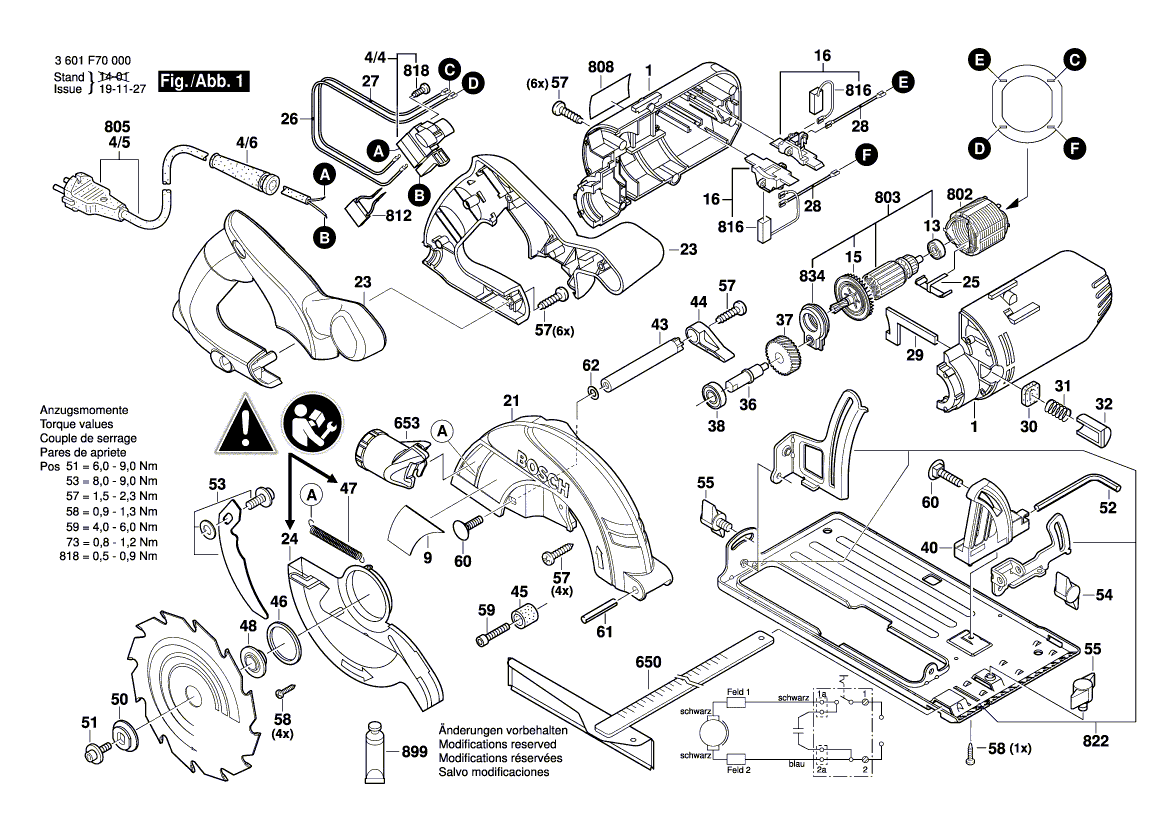 для ручной циркуляной пилы Bosch GKS 160 230 V 3601F70000, деталировка 1