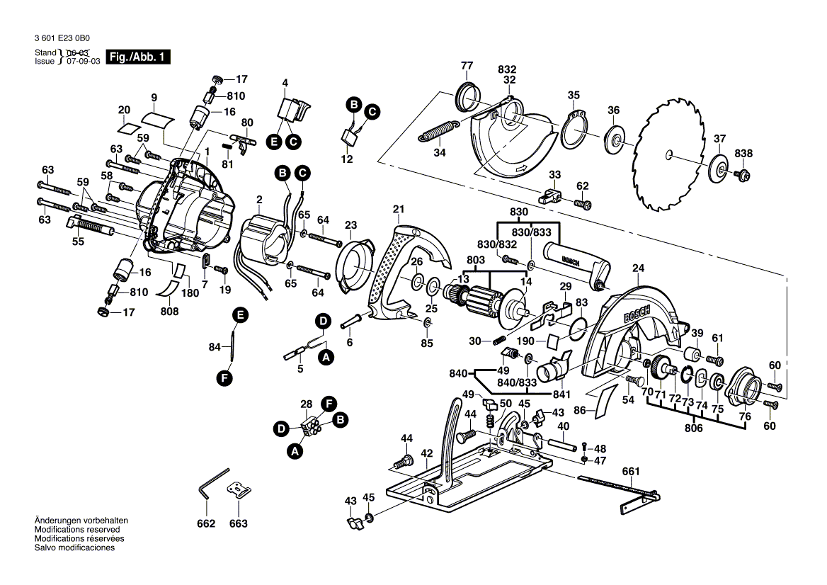 для ручной циркуляной пилы Bosch GKS 190 220 V 3601E230B0, деталировка 1