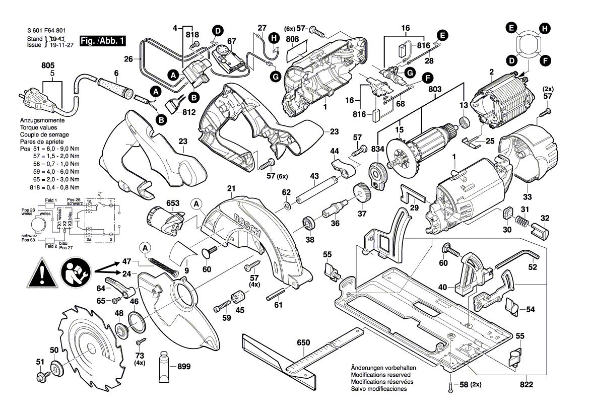 для ручной циркуляной пилы Bosch GKS 55 CE 230 V 3601F64801, деталировка 1