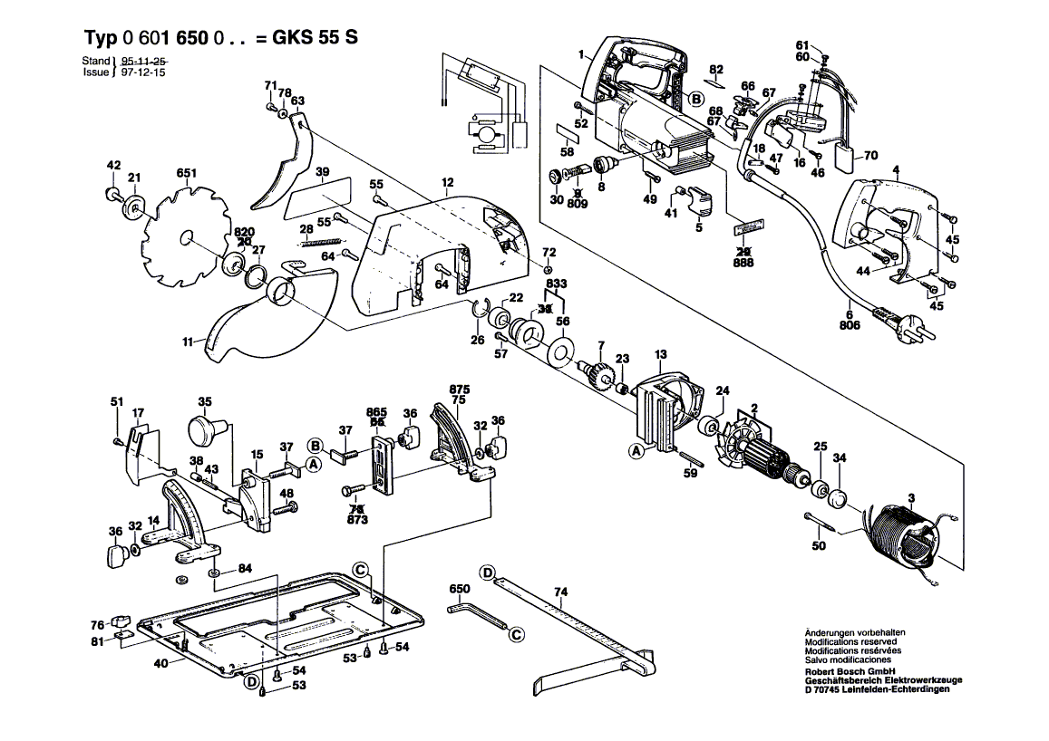 для ручной циркуляной пилы Bosch GKS 55 S 220 V 0601650003, деталировка 1