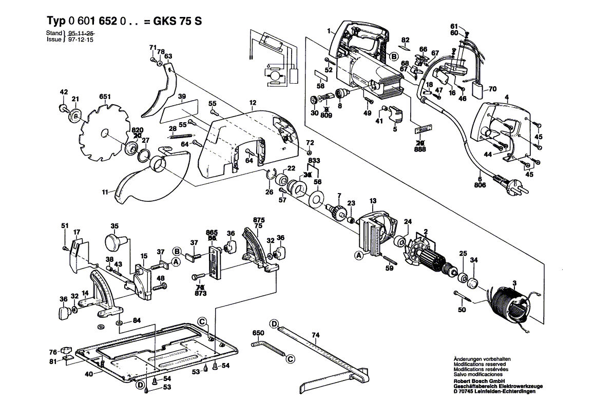 для ручной циркуляной пилы Bosch GKS 75 S 220 V 0601652003, деталировка 1