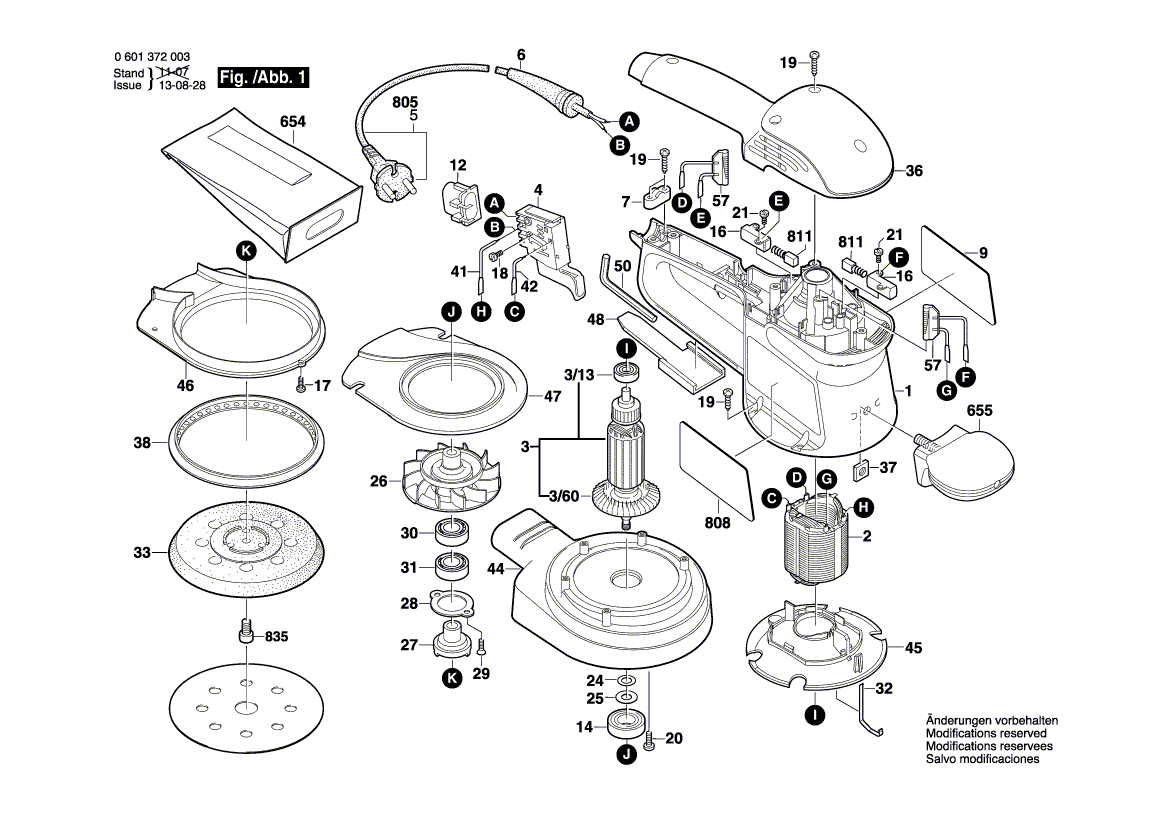 для эксцентриковой шлифмашины Bosch GEX 125 A 230 V 0601372003, деталировка 1