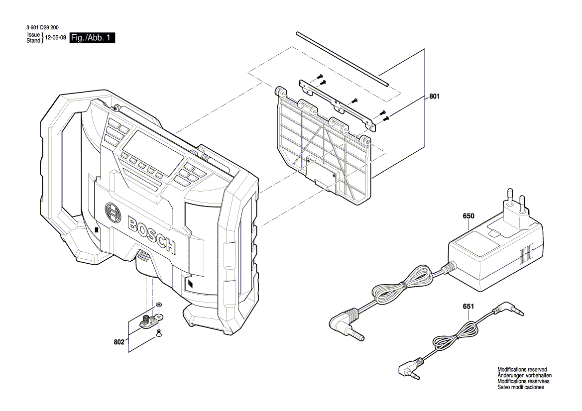 для радиоколонки power Bosch GML 10,8 V-LI 3601D29200, деталировка 1