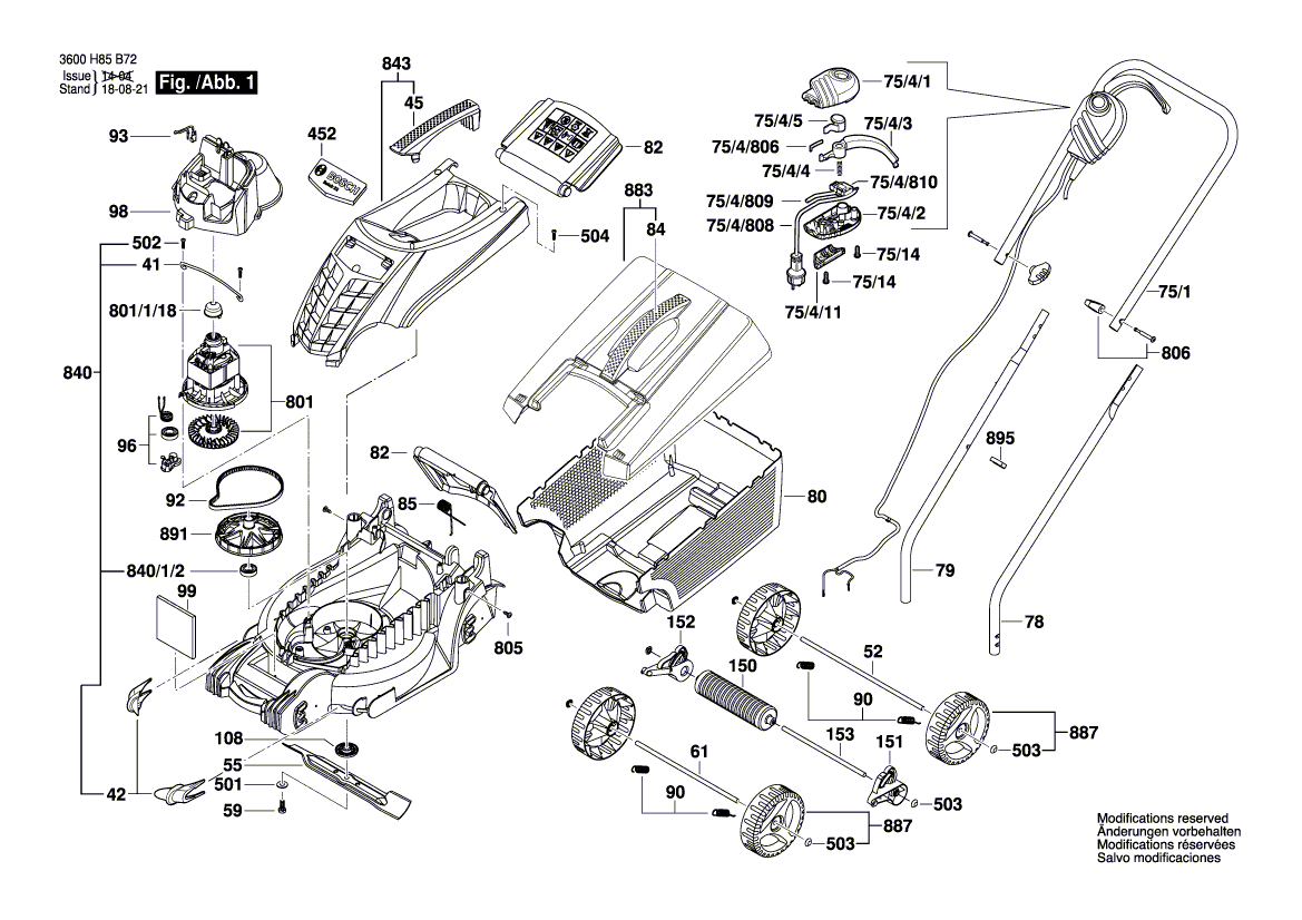 для газонокосилки Bosch ARM 32 R 230 V 3600H85B07, деталировка 1