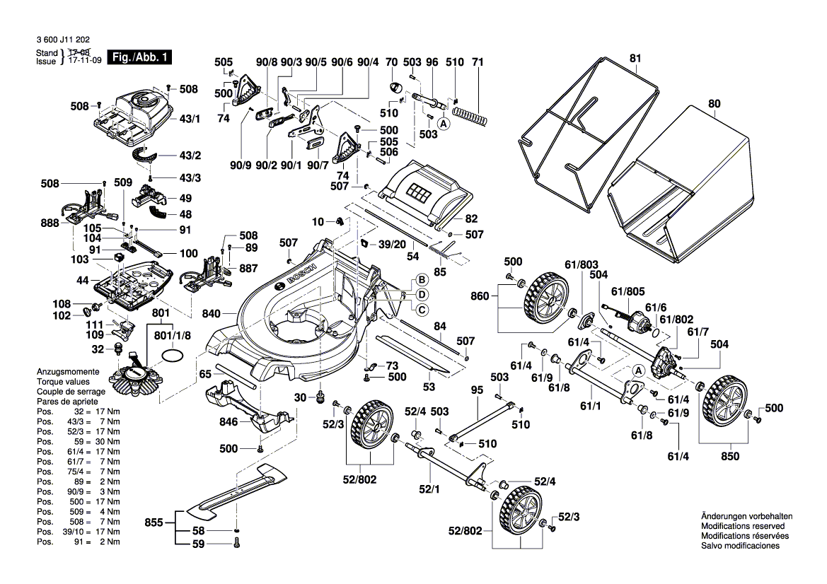 для газонокосилки Bosch GRA 36V53 P 230 V 3600J11200, деталировка 1