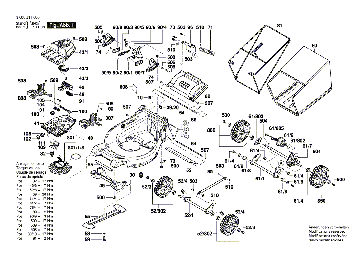 для газонокосилки Bosch GRA 53 230 V 3600J11000, деталировка 1